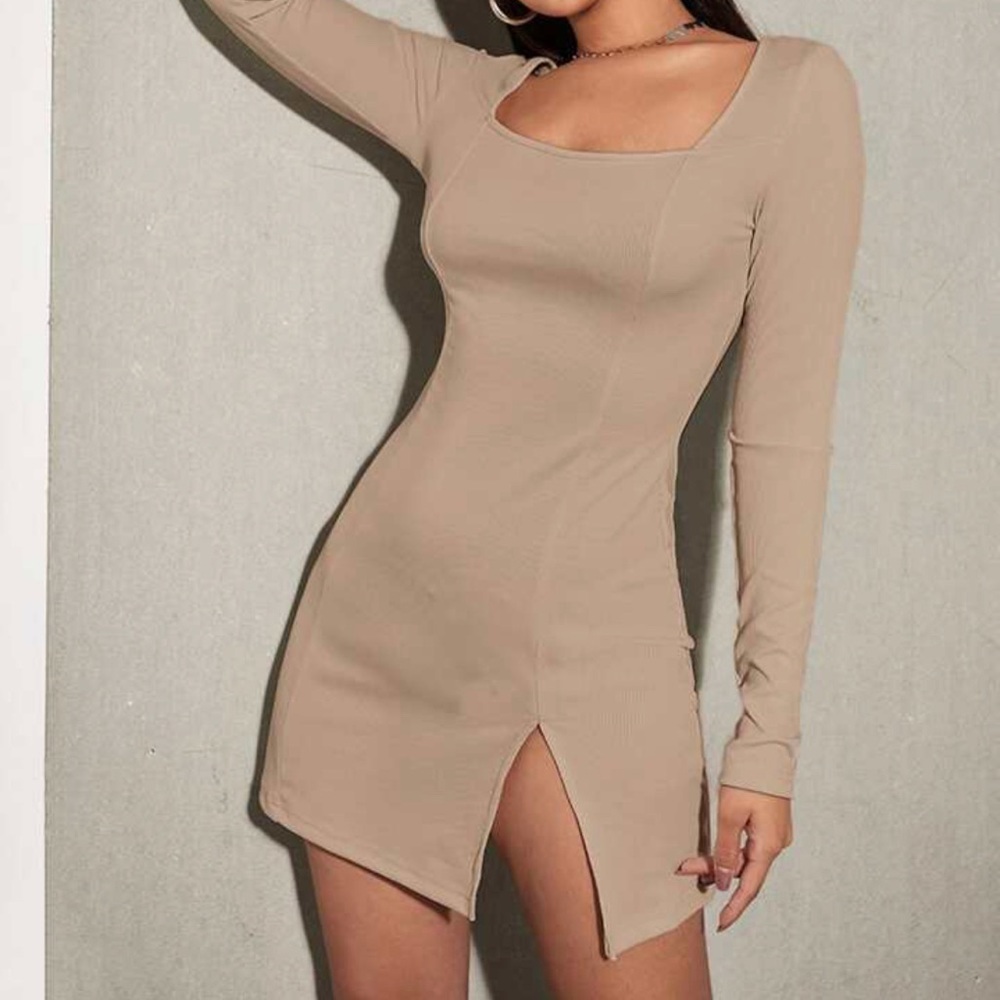 SHEIN Square Neck Slit Hem Rib Knit Tan/Beige/Khaki Long Sleeve Dress